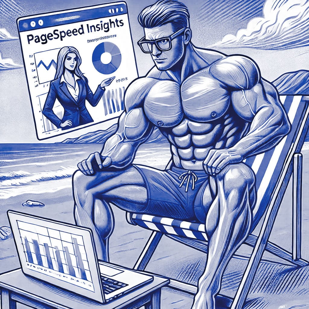 Strong man working on laptop at the beach on a virtual call with Grind Hard Websites rep